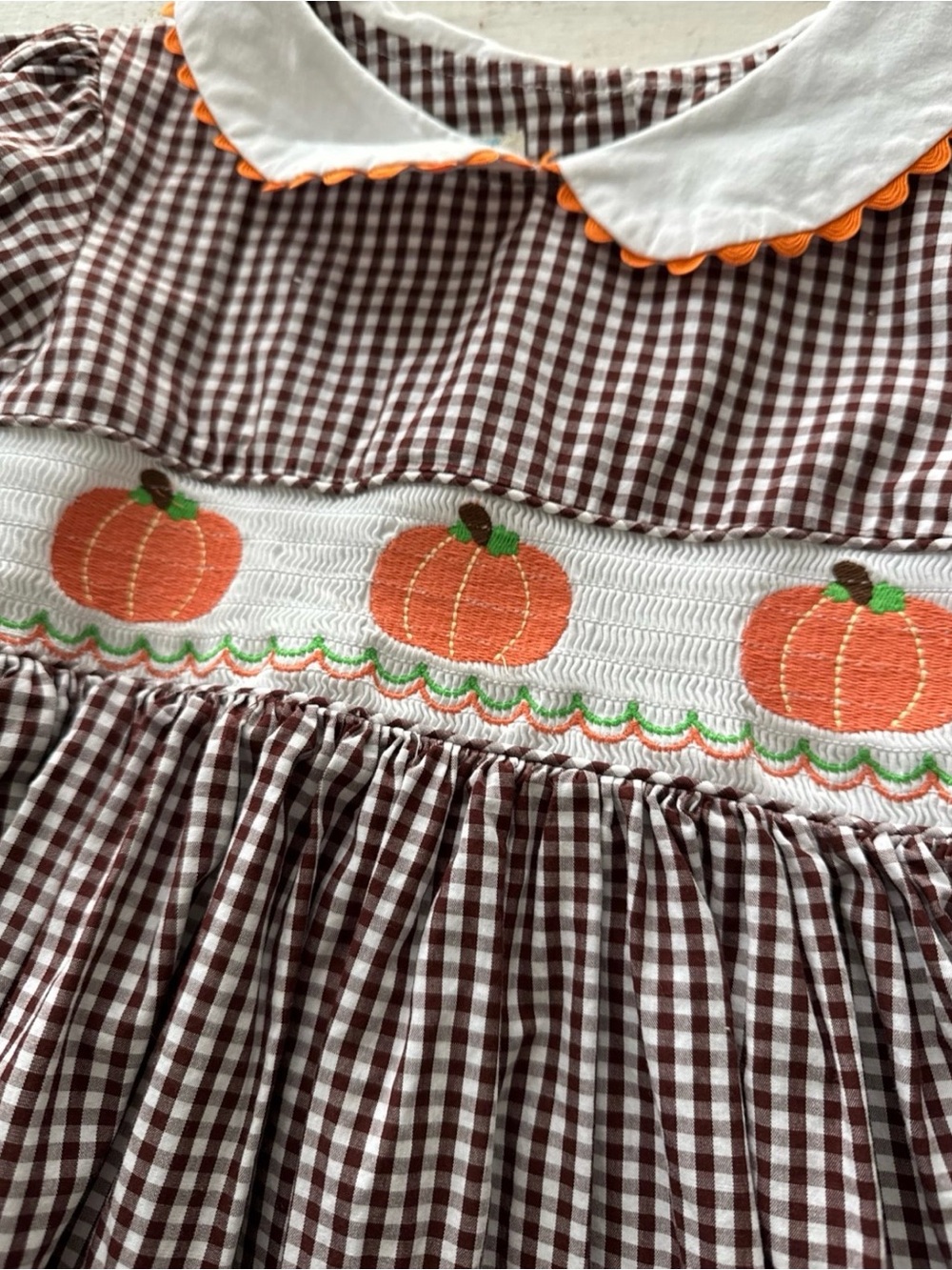 Brown Gingham Pumpkin Smocked Dress - Picture 3 of 4